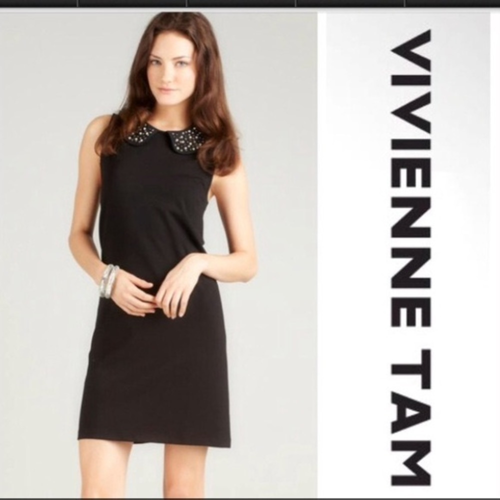 Vivienne Tam, Simple Elegance,Black Dress w/Beaded Mary Jane Collar, Size Large
